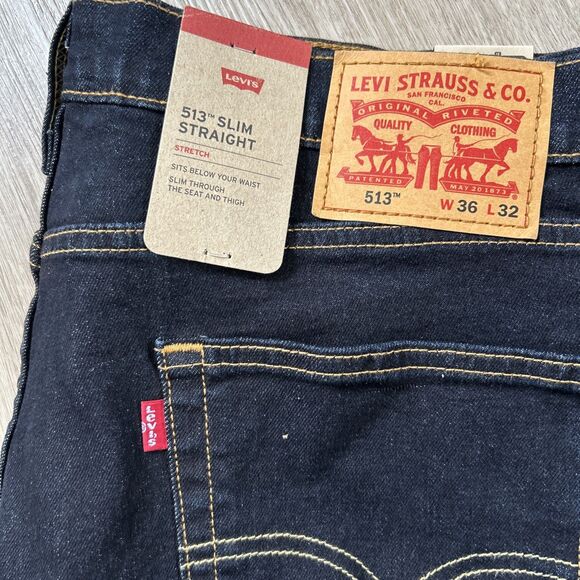 Levi's 513 Slim Straight Mens 36x32 Jeans Blue Dark Wash Denim Flex Stretch NWT - Picture 2 of 14